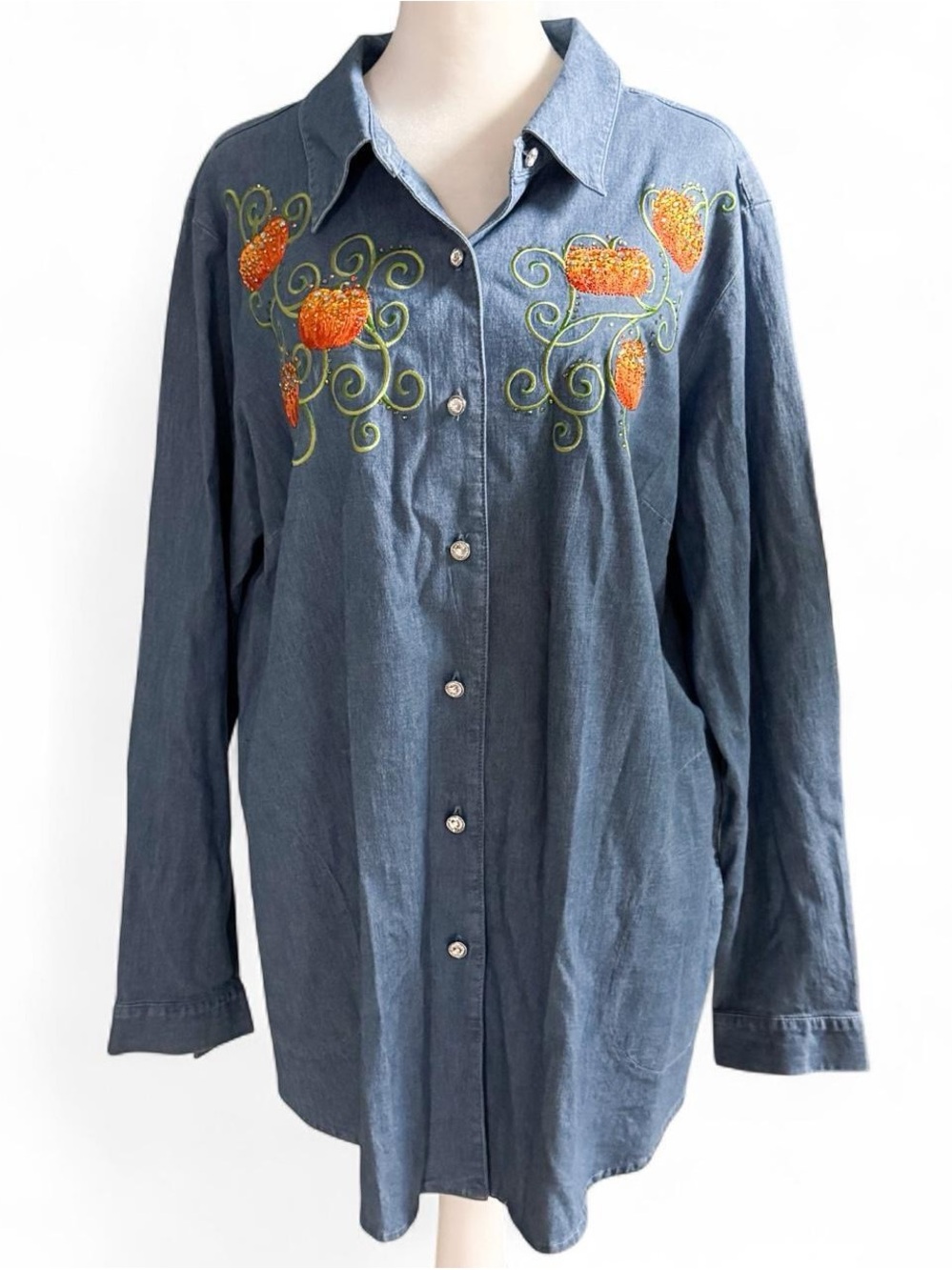 Vintage Quacker Factory Denim Shirt Beaded Pumpkins Fall Size L